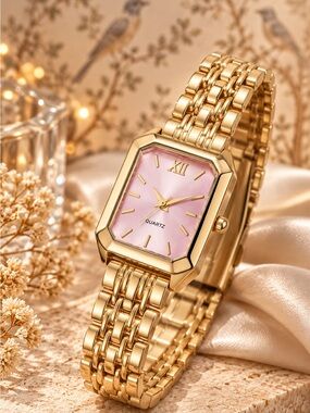 Gold-Tone Rectangle Watch with Pink Dial | Elegant Bracelet Watch | Women’s Dres